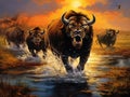 Lions hunting Buffalo Royalty Free Stock Photo