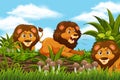 Lions in jungle scene