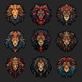 Lions kings avatars. Royal lion colouring portrait set, vibrant flat flames colors, hipster leo animal emblems isolated