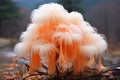 Lions mane mushroom in the wild, hericium erinaceus. Neurogenesis development concept