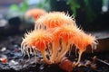 Lions mane mushroom in the wild, hericium erinaceus. Neurogenesis development concept