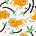 Colorful seamless pattern with happy lions and palm trees. Decorative cute background, funny animals Royalty Free Stock Photo