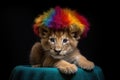 lions paw on top of a tamers colorful hat, showing dominance Royalty Free Stock Photo