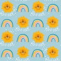 Colorful seamless pattern with lions, rainbow. Decorative cute background with funny animals, roar Royalty Free Stock Photo