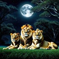 of lions sitting next to each other on field at night time with full moon in