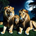 of lions sitting next to each other on field at night time with full moon in