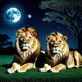 of lions sitting next to each other on field at night time with full moon in