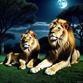 of lions sitting next to each other on field at night time with full moon in