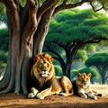 of lions sitting under tree in the shade of tree trunk in a