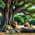 of lions sitting under tree in the shade of tree trunk in a