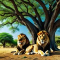 of lions sitting under tree in the shade of tree trunk in a