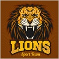 Lions - sport team logo template. Lion head on the shield. T-shirt graphic, badge, emblem, sticker.