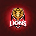 Lions` sport team logo template. Lion head on the shield. T-shirt graphic, badge, emblem, sticker. Vector illustration.