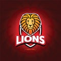 `Lions` sport team logo template. Lion head on the shield. T-shirt graphic, badge, emblem, sticker. Vector illustration
