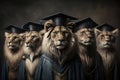 Lions standing in a line, wearing graduation caps and gowns, with a proud look on their faces illustration generative ai