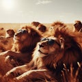 Lions in sunglasses on the savannah, AI generated Illustration , lions are chilling on the savannah