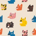 Lions, tigers and cheetahs funny characters seamless pattern.