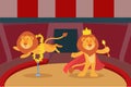 Lions trick animal fire performance in circus arena vector illustration. Royalty Free Stock Photo