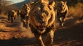 Lions in wild nature, running on camera. Action wildlife scene with dangerous animal