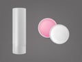 Lip balm stick and round shape top and side view.