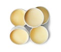 Lip balms on grey background Royalty Free Stock Photo