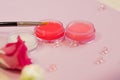 Lip balms, neutral and with shades. Lip skin care, hygiene and cosmetics. Royalty Free Stock Photo
