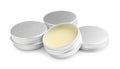 Lip balms isolated on white. Cosmetic product Royalty Free Stock Photo