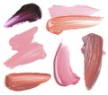 Lip gloss of different shades on white background, set of samples Royalty Free Stock Photo