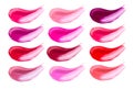 Lip gloss face make-up samples palette. Set of colorful cosmetic liquid lipgloss in different colour smudge smear strokes Royalty Free Stock Photo