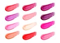 Lip gloss face make-up samples palette. Set of colorful cosmetic liquid lipgloss in different colour smudge smear strokes