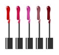 Lip gloss or liquid lipstick makeup brush with smears color shade palette isolated on white background