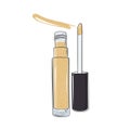 Lip gloss open with brush and sample, sparkle golden color on white background. Vector illustration.
