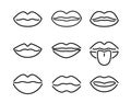 Lip kiss mouth vector line icon. Smile drawing lips beauty thin contour cosmetic female shape symbol icon.