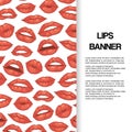 Lip kiss, open mouth with teeth banner vector cartoon illustration. Beautiful red lips or fashion lipstick and sexy