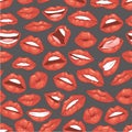 Lip kiss, open mouth with teeth seamless pattern vector cartoon illustration. Beautiful red lips or fashion lipstick and Royalty Free Stock Photo