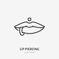 Lip piercing line icon, vector pictogram of face jewelry. Piercing studio logo, linear illustration