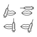 Lip shape correction icon set. Botox or hyaluronic acid injection. Linear black illustration of plastic with filler, lip