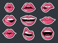 Lip Stickers Set. Patch female lips and mouth with a kiss, smile, tongue and teeth, Fashion collection badges elements Royalty Free Stock Photo