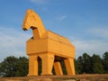 Lipetsk region, Eletz, Russia 2021: Wooden trojan horse. Ethno folk festival at Kudykina Mountain