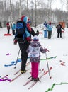 02/09/2019 Lipetsk, Russian Ski Track. The kid is fixed on the back of the skier