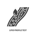 Lipid profile test glyph icon. Cholesterol in human blood vessel line symbol. Atherosclerosis sign