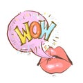 Lips blowing a bubblegum bubble. Vector illustration, word WOW