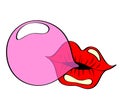 Lips blowing pink bubble gum. Pop art style Royalty Free Stock Photo