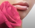 Lips with bright lipgloss makeup. Perfect clean skin, fresh lip make-up. Beautiful spa with tender pink rose flower Royalty Free Stock Photo