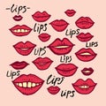 Lips. Bright red lips doodle illustration of many mouths.