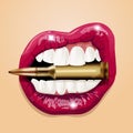 Pink women lips with bullet. Vector