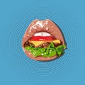 Lips burger. A woman\'s lips are sprinkled with sesame seeds. Darjeet in the mouth of a cheeseburger.