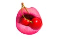 Lips with cherries, taste, delicious kiss. Mouth of a young girl with fruits isolated on a white background. Forbidden
