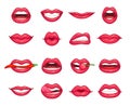 Lips collection. Beautiful girl smiling, kissing, biting pepper, cherry and lip with lipstick. Cartoon beauty kiss