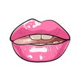 Lips, female, moist, ajar, with a protruding tongue.